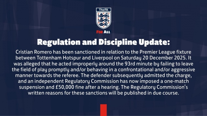 一号娱乐-对阵利物浦时染红！官方：热刺后卫罗梅罗被禁赛一场，罚款5万镑