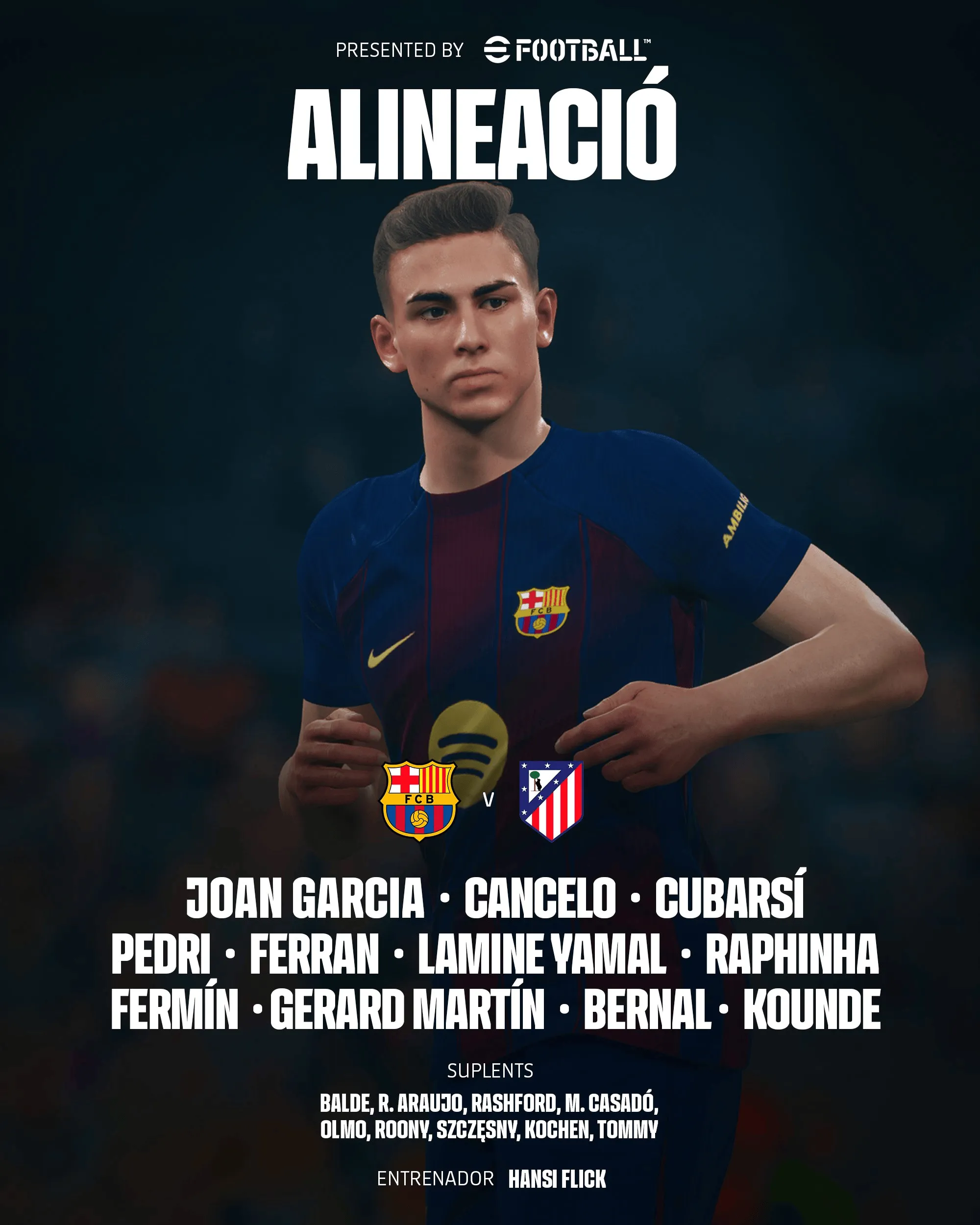 一号-巴萨vs马竞首发：亚马尔PK卢克曼，小蜘蛛、费兰登场